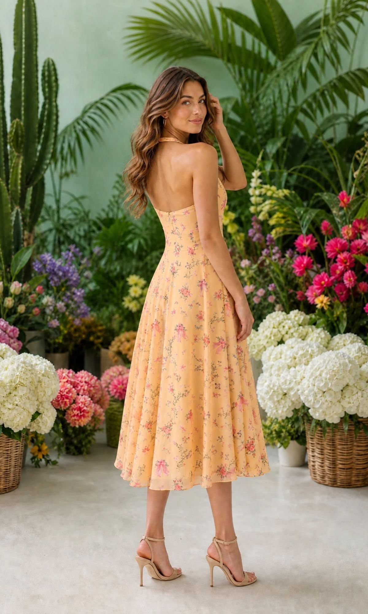 A woman in the Yellow Floral Midi Casual Dress: Millie and nude heels stands indoors, surrounded by colorful flowers and green plants in woven baskets.